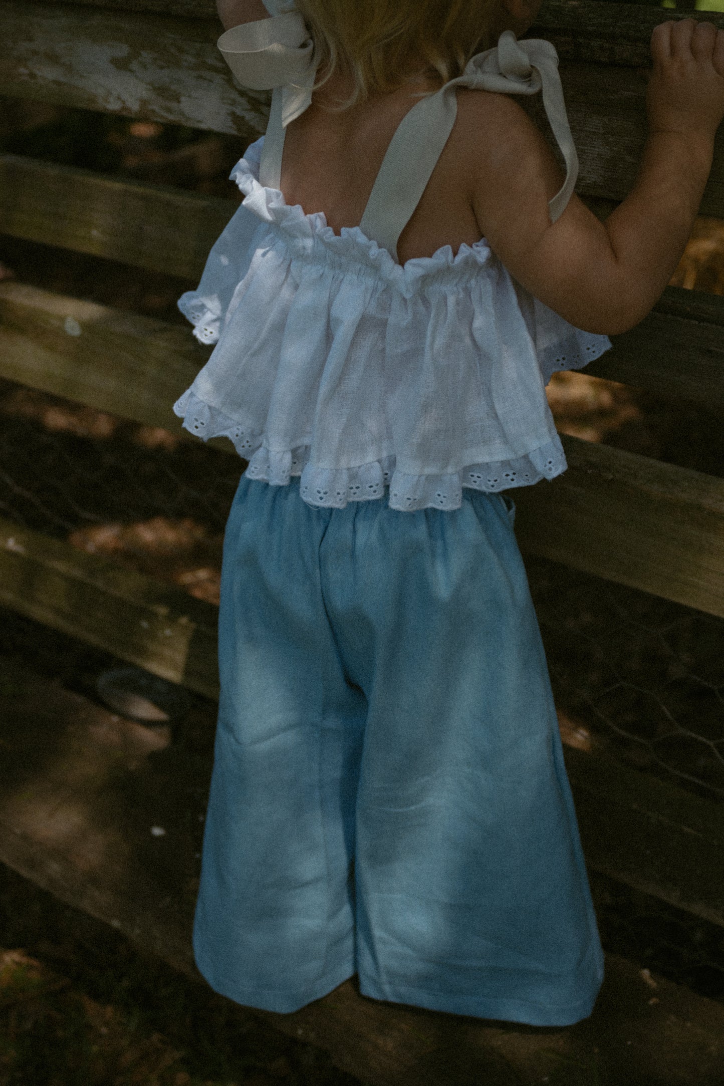 Bluebell lightweight denim pant with white daisy pocket trim - PRE ORDER