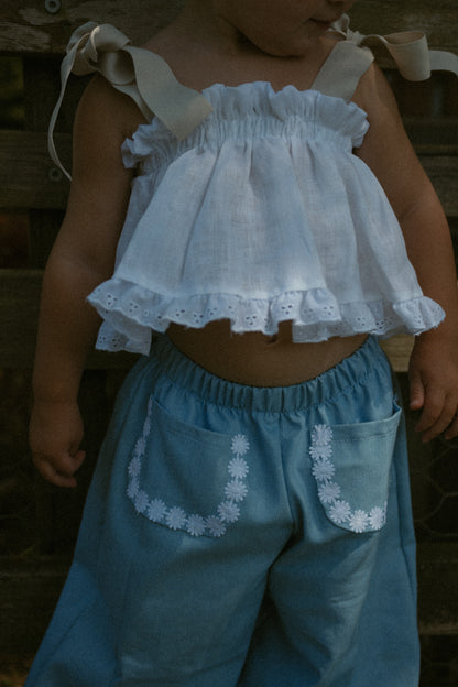 Bluebell lightweight denim pant with white daisy pocket trim - PRE ORDER Jan 10