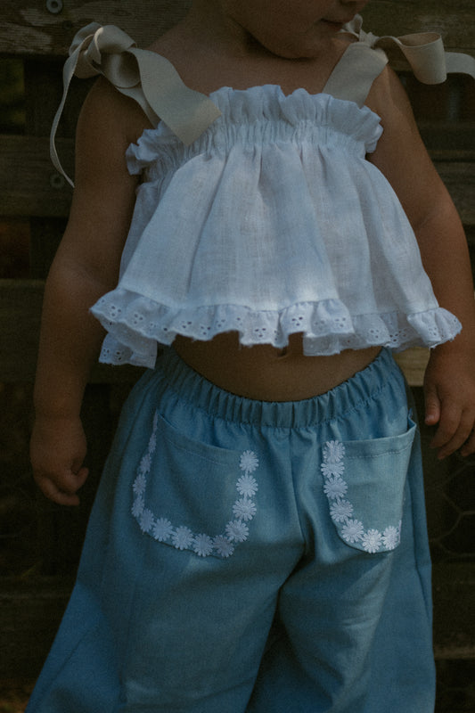 Bluebell lightweight denim pant with white daisy pocket trim - PRE ORDER